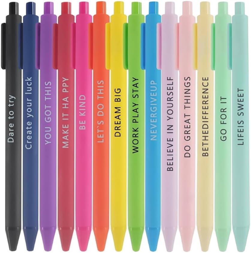 14 Pack Inspirational Pens with Motivational Quotes | Vibrant Colors Black Ink Pens | Uplifting Stationery for Teachers, Students, Office & Classroom Supplies