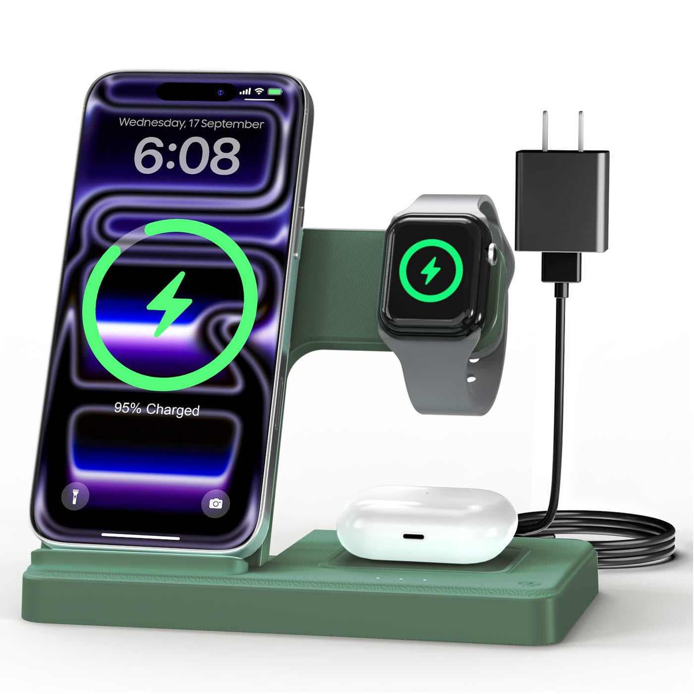 Wireless Charger iPhone Charging Station: 3 in 1 Charger Stand Multiple Devices for Apple - iPhone 17 16e 16 15 14 Pro Max 13 12 11 - Watch 11 10 9 8 7 6 5 4 3 2 SE and Ultra Series - Airpods 4 3 Pro