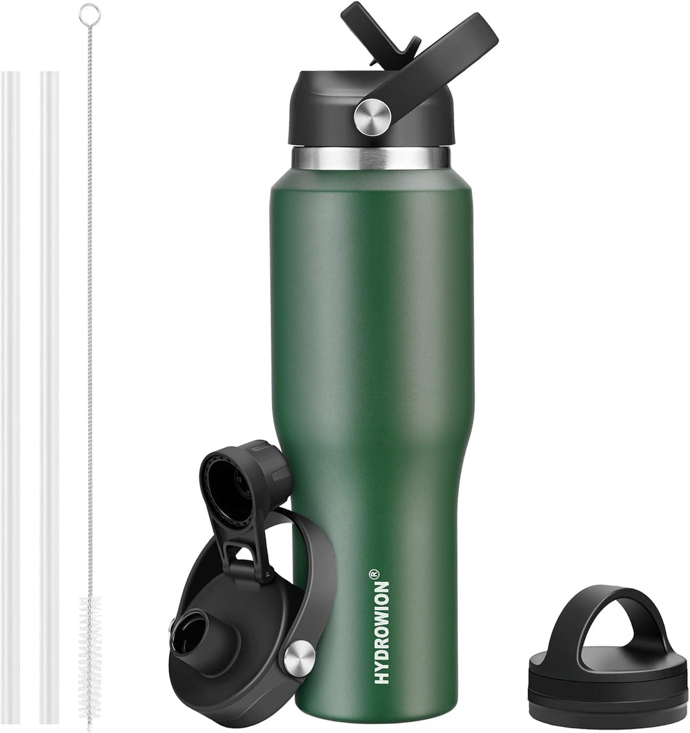 HYDROWION 32oz Stainless Steel Water Bottle(Cold for 48 Hrs, Hot for 24 Hrs), Double Wall Vacuum Insulated Water Flask with Straw Lid, Spout Lid and Flex Cap, Fit in Any Car Cup Holder, Cobalt