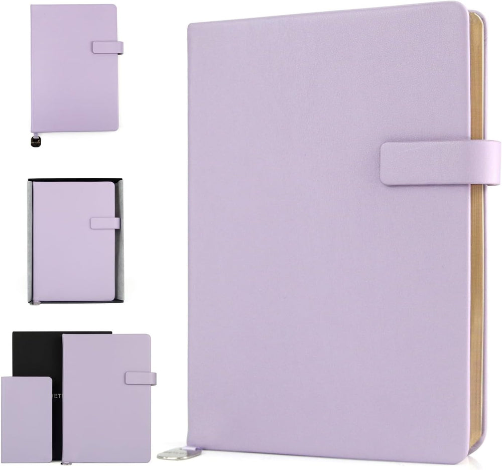 A5 Hard Cover Lined Notebook, Pen Holder & Gold Edges, 180° Lay Flat Journal, Large 5.7 x 8.4 in, Bookmark & Gift Box, Business Notebook for Work, Study, Travel(Light Purple)