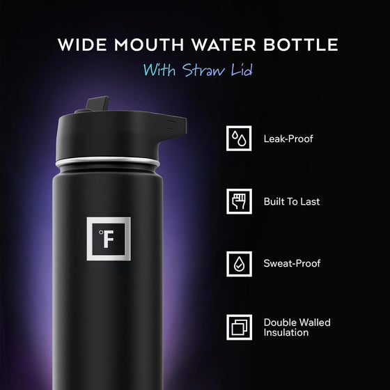 IRON °FLASK Camping & Hiking Hydration Flask with Straw, Wide Mouth Insulated Stainless Steel Sports Water Bottle - 40 oz Midnight Black - hover image