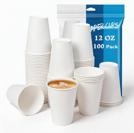 MOUMOULIFE 12 oz Disposable Paper Coffee Cups, 100 Count – Leak-Resistant White Cups for Hot & Cold Drinks, Ideal for Office, Party, Travel, To Go & Daily Use