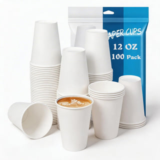 MOUMOULIFE 12 oz Disposable Paper Coffee Cups, 100 Count – Leak-Resistant White Cups for Hot & Cold Drinks, Ideal for Office, Party, Travel, To Go & Daily Use