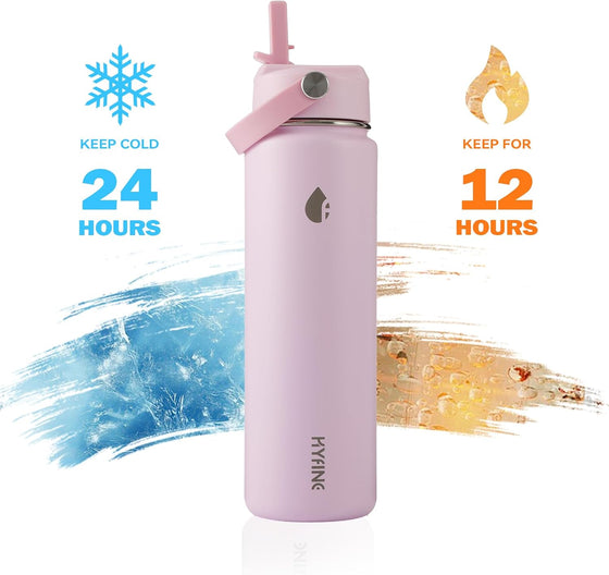 ThermoProof Double-Walled Vacuum Insulated Stainless Steel Water Bottle - Wide Mouth Canteen, Straw Lids, Dishwasher Safe, Reusable, Leakproof, Hot & Cold for Men, Women - 24oz (pink) - hover image