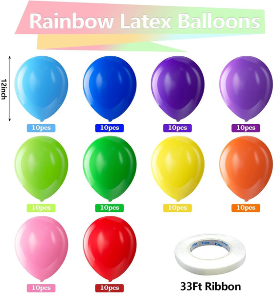 Bezente Assorted Rainbow Latex Balloons, 100 Pack 12 inch Round Helium Bright Color Balloons for Birthday Bridal Shower Wedding Party Decorations - hover image