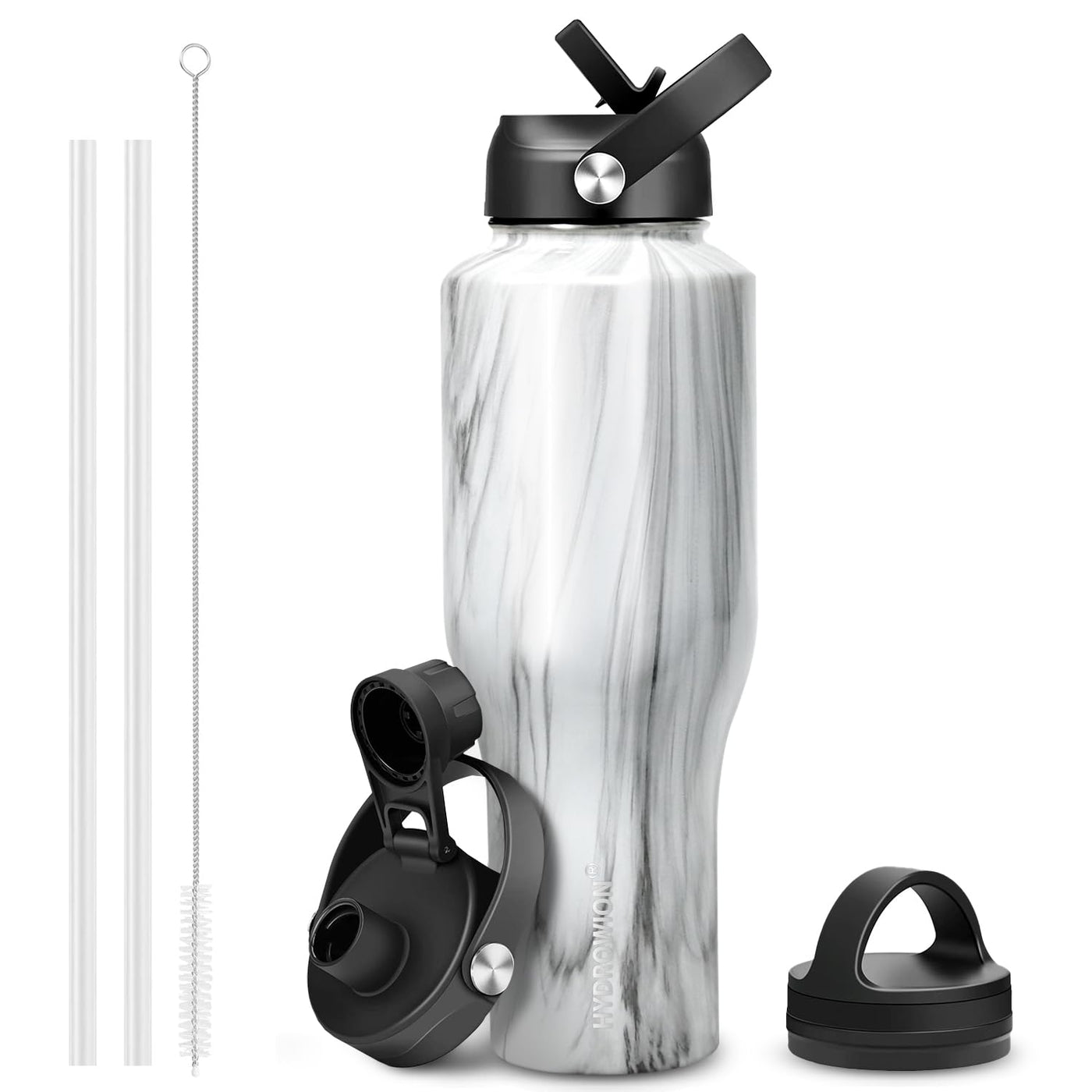 HYDROWION 32oz Stainless Steel Water Bottle(Cold for 48 Hrs, Hot for 24 Hrs), Double Wall Vacuum Insulated Water Flask with Straw Lid, Spout Lid and Flex Cap, Fit in Any Car Cup Holder, Cobalt