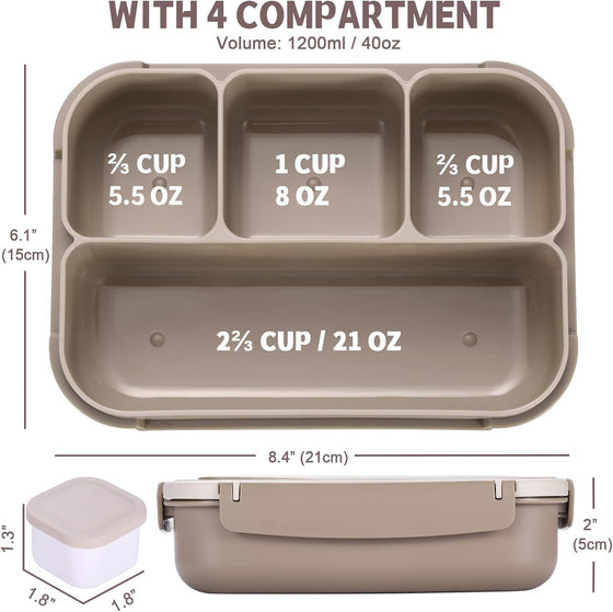 Bento Box Adult Lunch Box, Containers for Adults Men Women with 4 Compartments, Lunchable Food Container with Utensils, Sauce Jar, Muffin Liners, 40 Oz/5 Cup, Microwave & Dishwasher Safe, Brown - hover image
