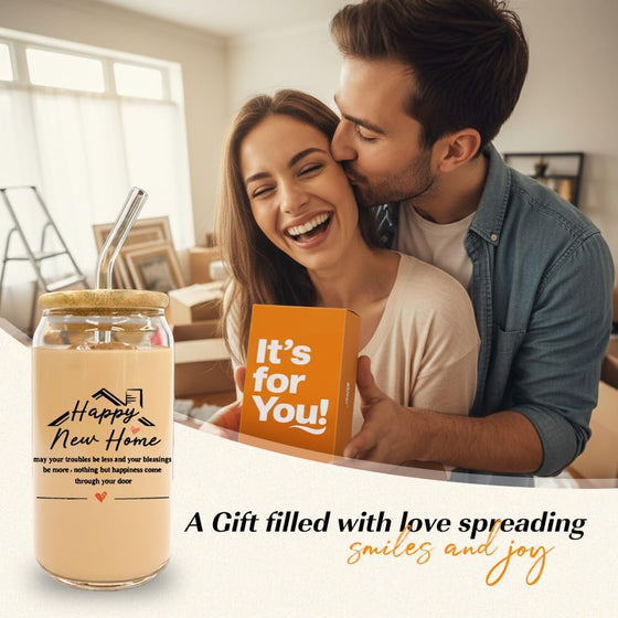 wtisan Housewarming Gifts for New Home - Sweet Home Aesthetic Can Shaped Glass Cup, 16oz Iced Coffee Tumbler - House Warming Gift Ideas with Lid, Straw & Card for Couple, New Homeowner - hover image