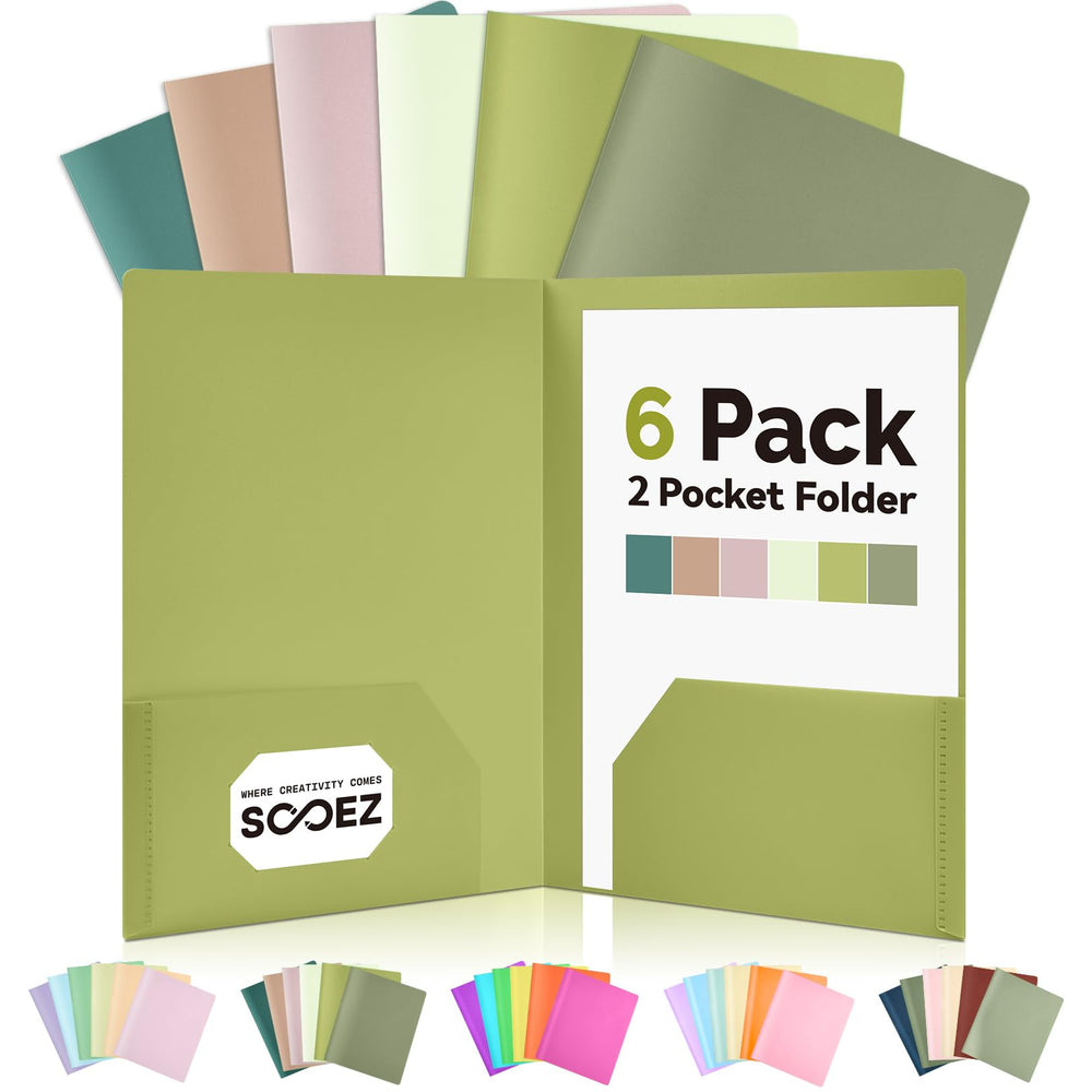 Sooez 6Pack Folders with Pockets, Pastels Colors, Heavy Duty Pocket Folder, Plastic Folders with Pockets, 2-Pocket Folder Bulk, Aesthetic File Folder, Back to School Office Filing Supplies