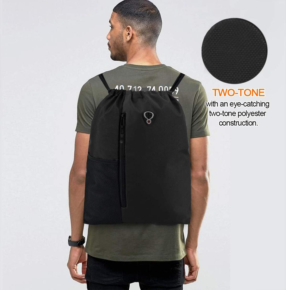 BeeGreen Black Drawstring Backpack Gym Bag For Men Women String Sports Backpack With Water Bottle Mesh Pockets And 2 Zippered Pocket Large Cinch Sackpack Workout Bag 16" x 20"