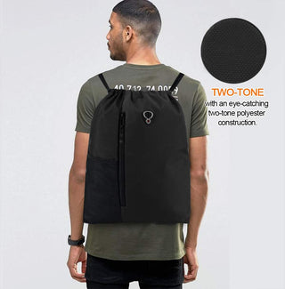 BeeGreen Black Drawstring Backpack Gym Bag For Men Women String Sports Backpack With Water Bottle Mesh Pockets And 2 Zippered Pocket Large Cinch Sackpack Workout Bag 16" x 20"