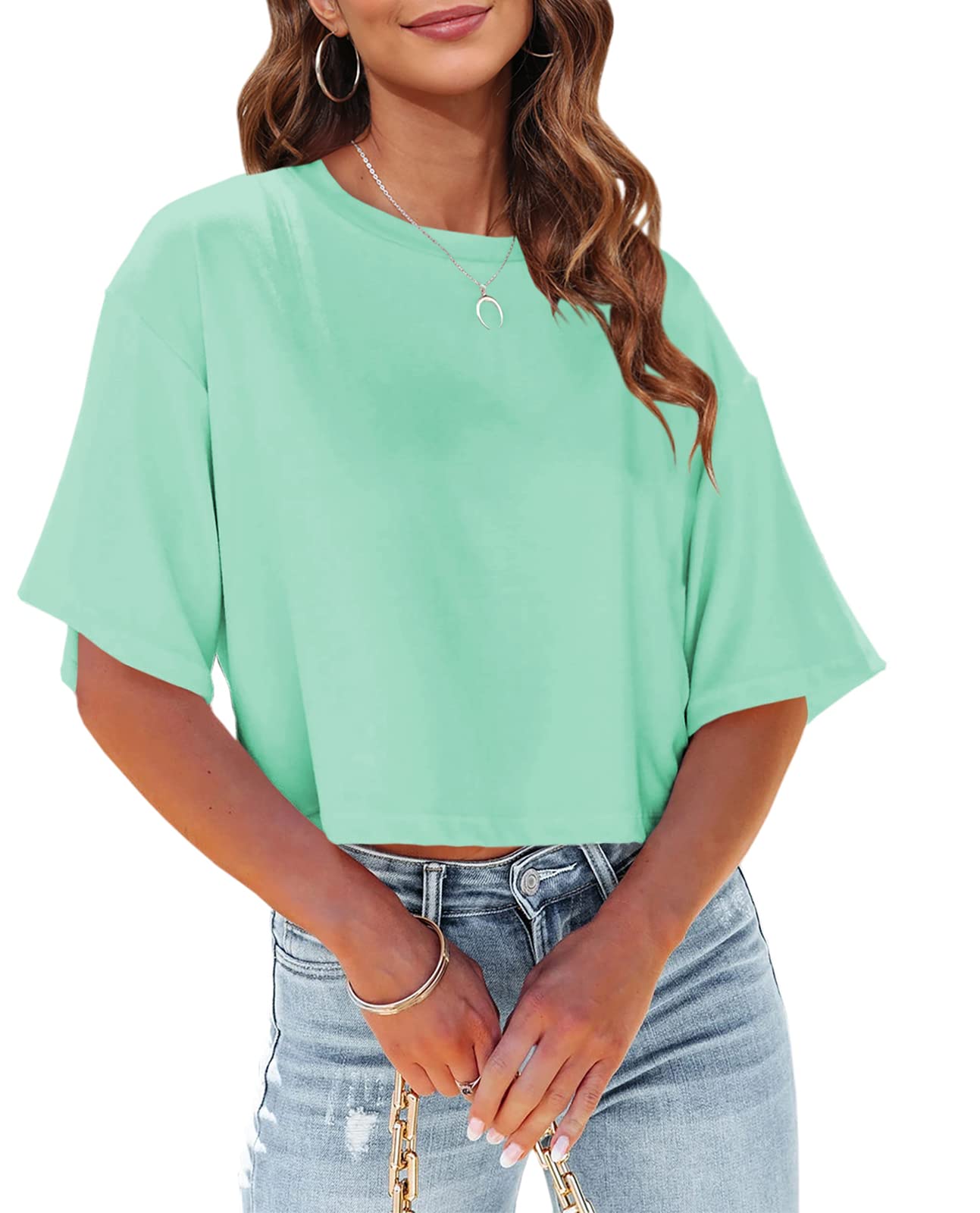 Tankaneo Women Half Sleeve Cropped T-Shirts Drop Shoulder Round Neck Crop Tops Casual Summer Solid Color Basic Tees