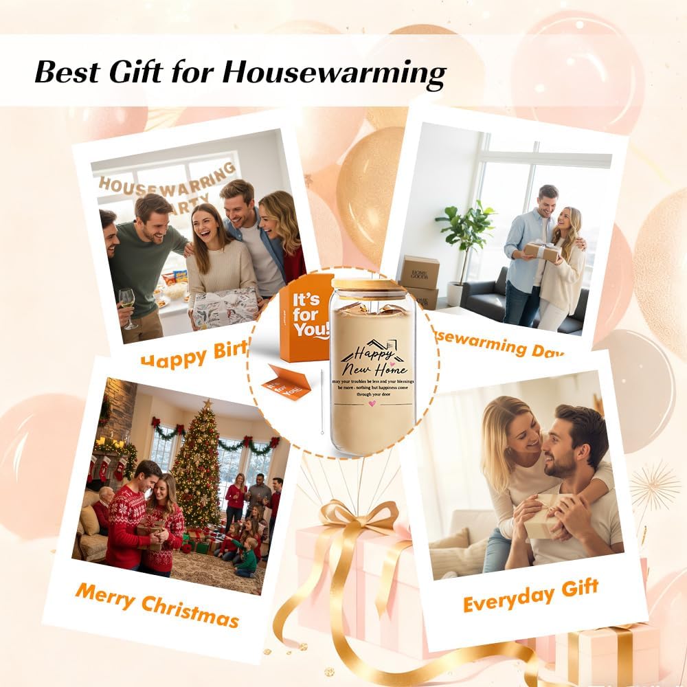 wtisan Housewarming Gifts for New Home - Sweet Home Aesthetic Can Shaped Glass Cup, 16oz Iced Coffee Tumbler - House Warming Gift Ideas with Lid, Straw & Card for Couple, New Homeowner