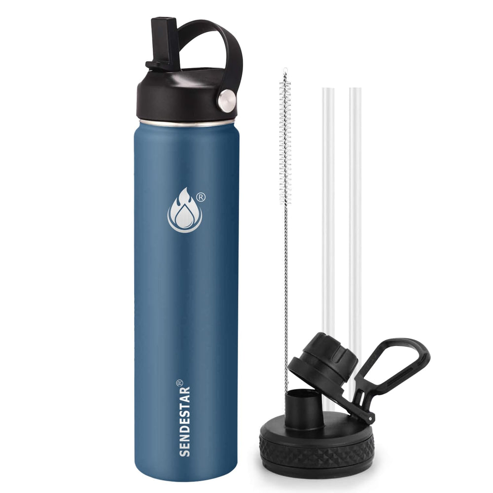 SENDESTAR Water Bottle 32oz Double Wall Vacuum Insulated Leak Proof Stainless Steel Sports Water Bottle—Wide Mouth with New Flex Straw Lid & Spout Lid (Deep Blue&Black)