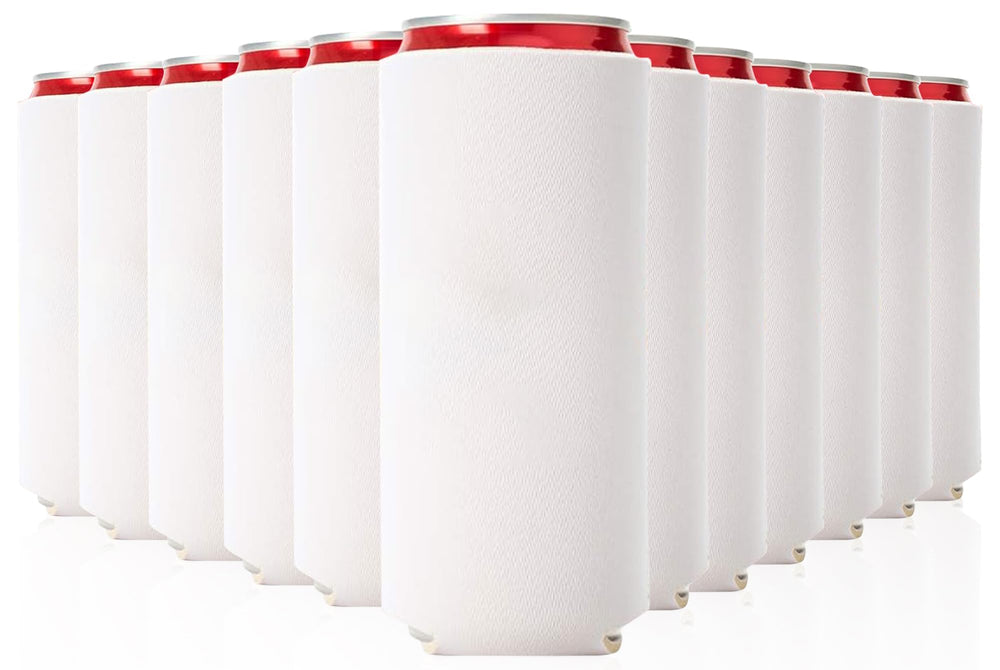 Slim Can Cooler Sleeves 12 Pack– Blank Foldable Neoprene 12oz Can Insulators – Skinny Beverage Coolers for Beer & Soda – Sublimation-Ready (Assorted)