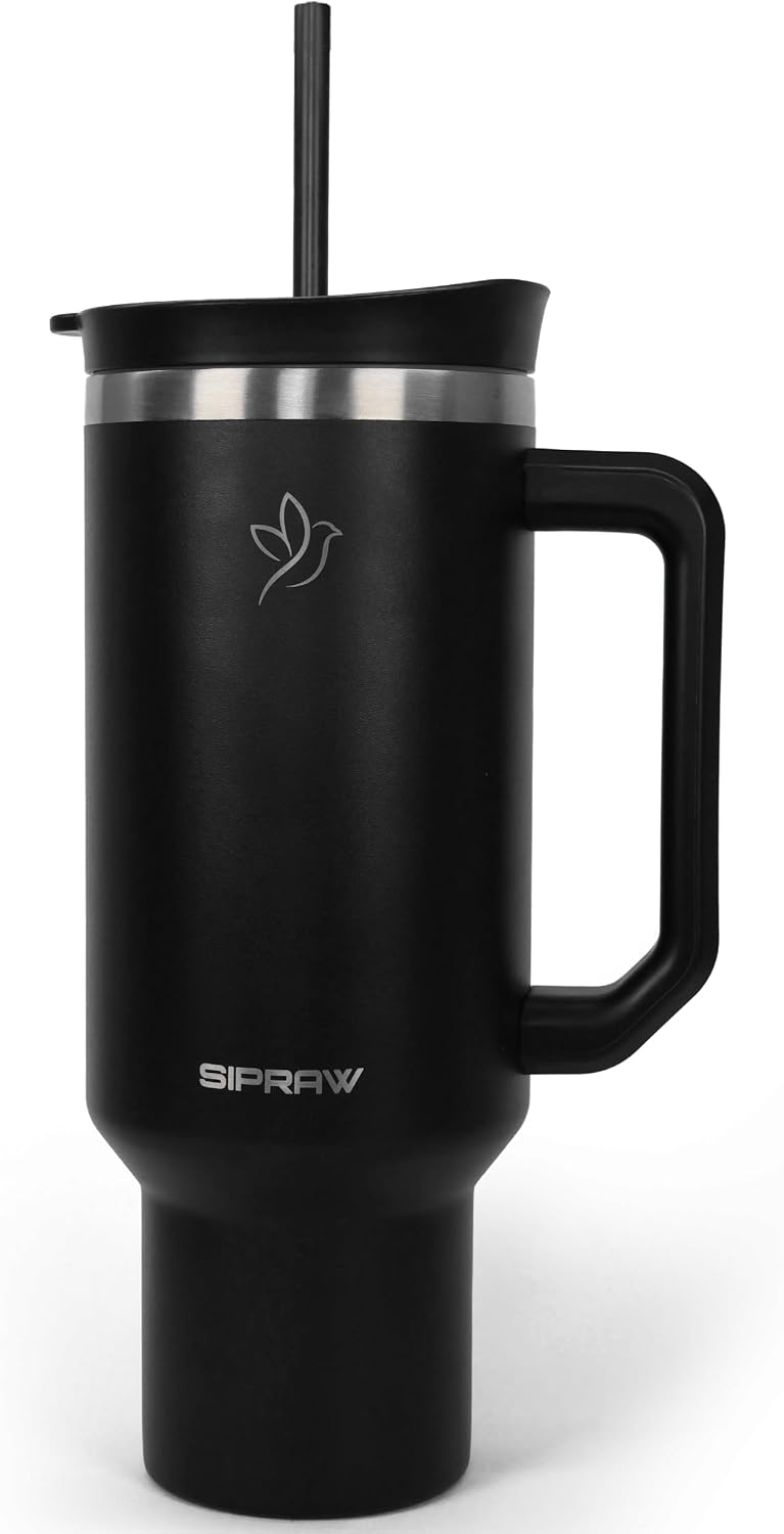 40oz Tumbler with Handle and Straw Insulated Stainless Steel Travel Mug Vacuum Double Wall Coffee Cup Leak Resistant Lid BPA-Free Cup Holder Friendly for Hot & Cold Drinks, Black