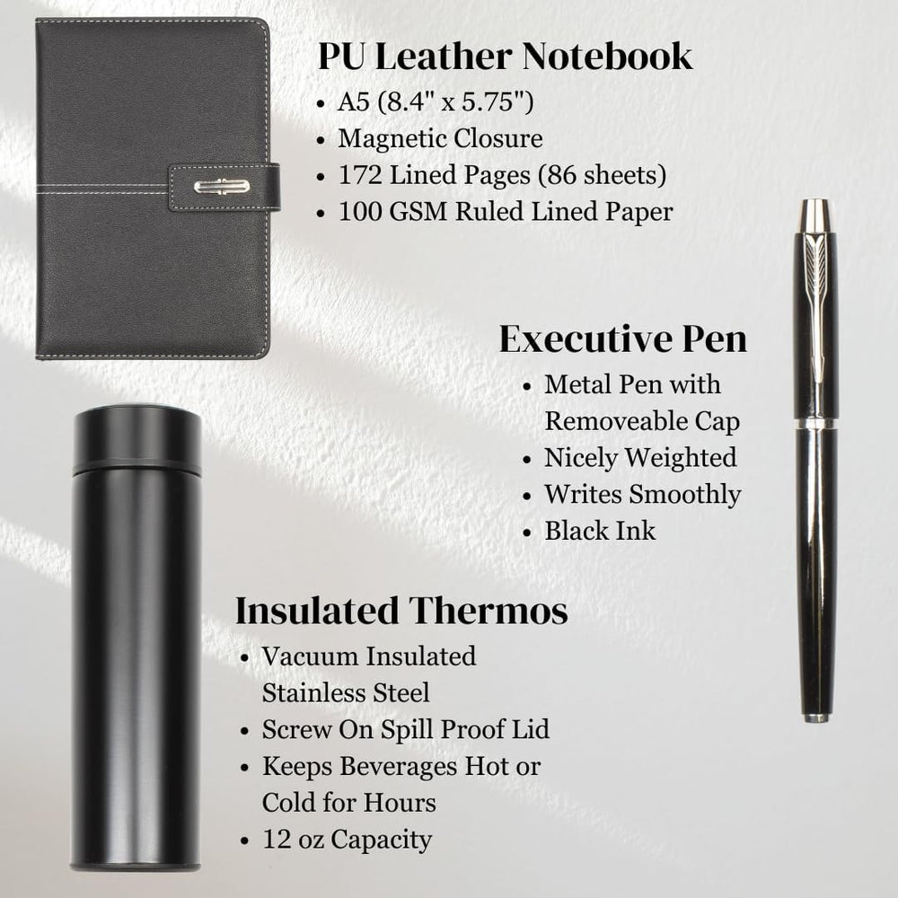 Shadow Breeze A5 Leather Notebook, Insulated Thermos and Executive Pen Gift Set in Premium Gift Box, 172 Pages 100GSM Ruled Pages, 12 oz, Great Gift for Business, School, Home (Black)
