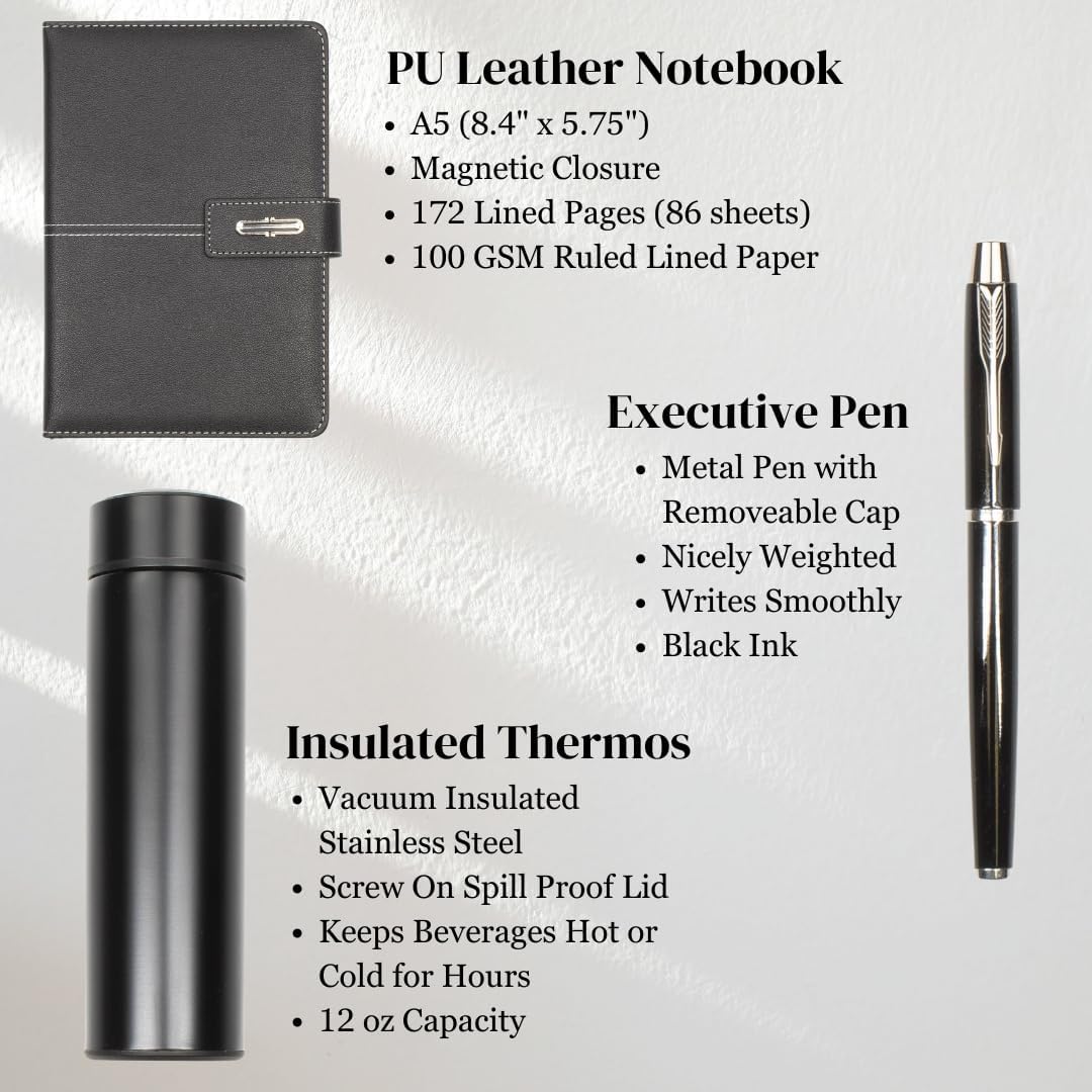 Shadow Breeze A5 Leather Notebook, Insulated Thermos and Executive Pen Gift Set in Premium Gift Box, 172 Pages 100GSM Ruled Pages, 12 oz, Great Gift for Business, School, Home (Black)