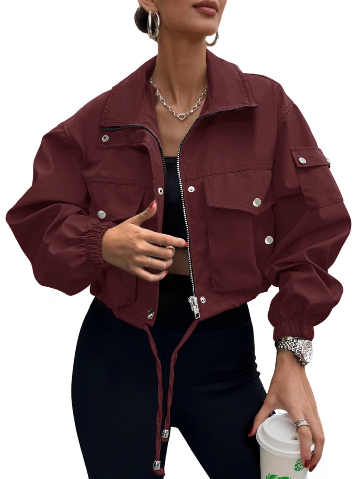UEAL Womens Cropped Bomber Jacket 2026 Trendy Zip Up Lightweight Utility Anorak Coat With Pockets