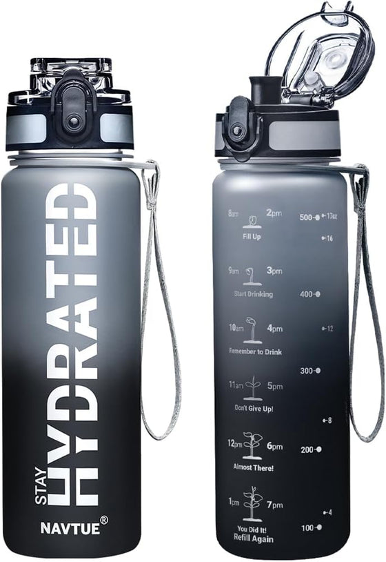 Water Bottle, 16.9 OZ Sports Water Bottles with Time Marker Wide Mouth, Motivational and Leakproof Drink Bottle, BPA Free Tritan with Carry Strap for Gym Fitness Outdoor(1 Bottle)