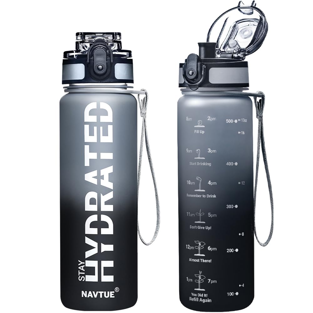 Water Bottle, 16.9 OZ Sports Water Bottles with Time Marker Wide Mouth, Motivational and Leakproof Drink Bottle, BPA Free Tritan with Carry Strap for Gym Fitness Outdoor(1 Bottle)