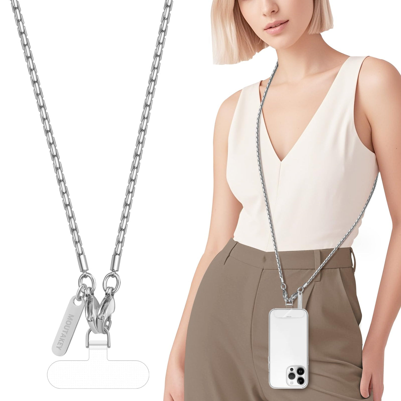 MOUTAKEY Phone Wrist Strap Metal Phone Chain Wristlet Strap Detachable iPhone Lanyard Wrist with 2 Tether Tabs iPhone Charm strap For Women girls Shopping Traveling Party Walking