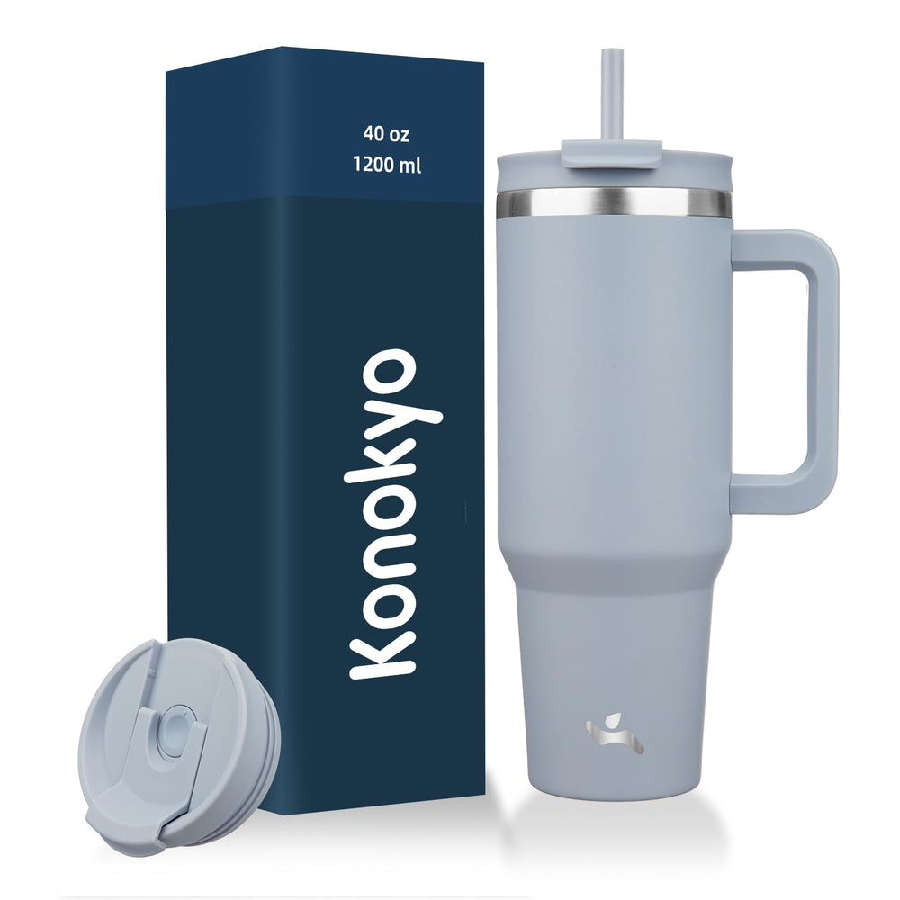 Konokyo 40 oz Tumbler with Handle and 2 Straws,2 in 1 Lid Insulated Water Bottle Stainless Steel Travel Coffee Mug,Mint