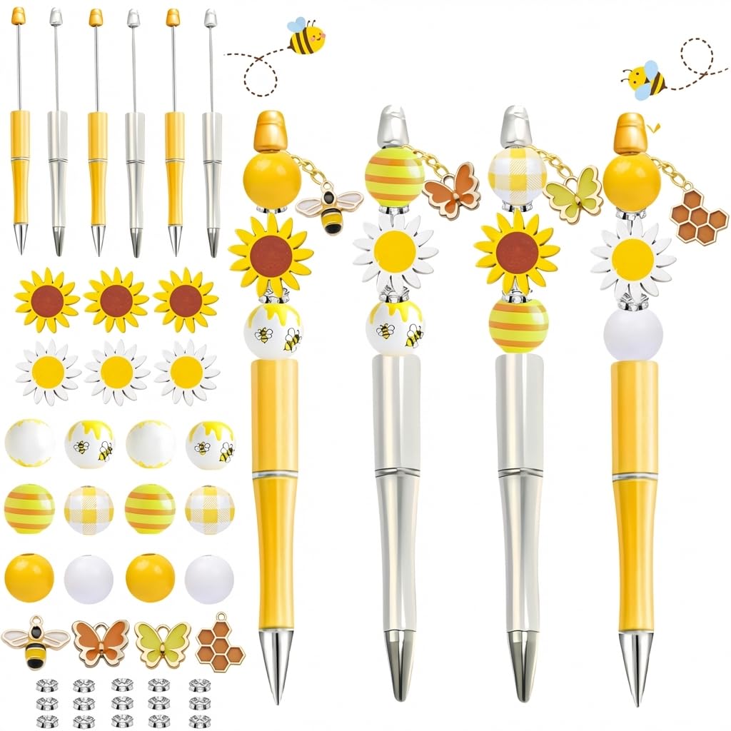 holoith 8 Set Butterfly Flower Beadable Pens Kit, Pen Making Kit with Beads and Refills, Black Ink Ballpoint Smooth Writing, Gift for Diy Present Students Teens Office Supplies