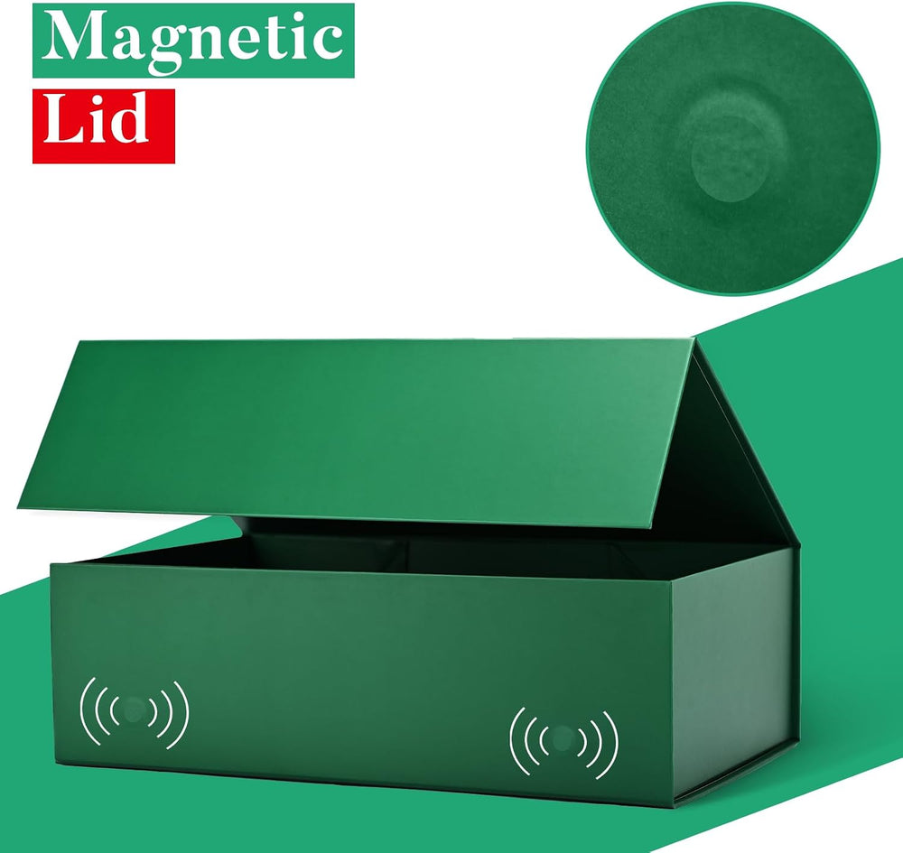 LIFELUM Green Gift Box for Presents 1 Pack 13.85 x 8.35 x 4.45 inch Big Decorative Large Gift Box for Clothes with Magnetic Lids Luxury Accessories Card, Ribbon, Filler,Sticker