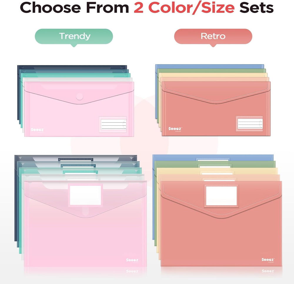 Sooez 10Pack Plastic Envelopes, Plastic File Folders, Clear Folders for Documents Trendy Colors, Super Heavyweight Document Holders, Storage Pouches, File Envelopes for School Office Supplies