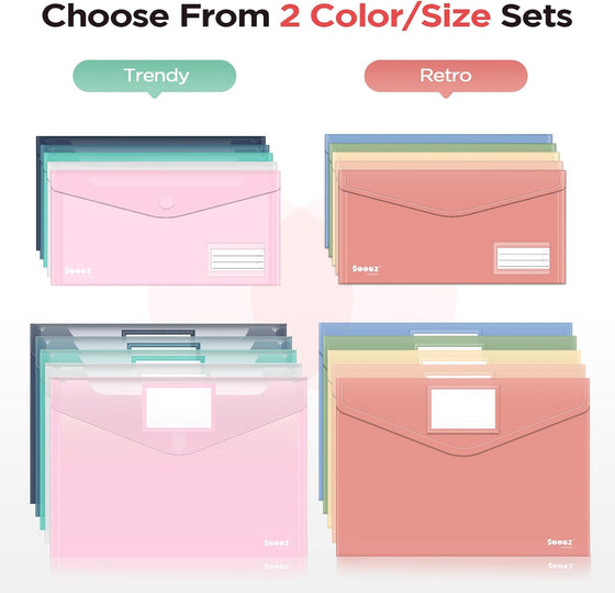 Sooez 10Pack Plastic Envelopes, Plastic File Folders, Clear Folders for Documents Trendy Colors, Super Heavyweight Document Holders, Storage Pouches, File Envelopes for School Office Supplies - hover image