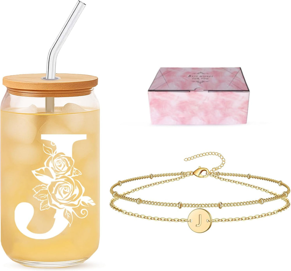 Friendship Gifts for Women, Initial Glass Cup and Bracelet Gift Set, Personalized Ready to Gift Letter Gift for Bestie, Women Friends and Special Occasions