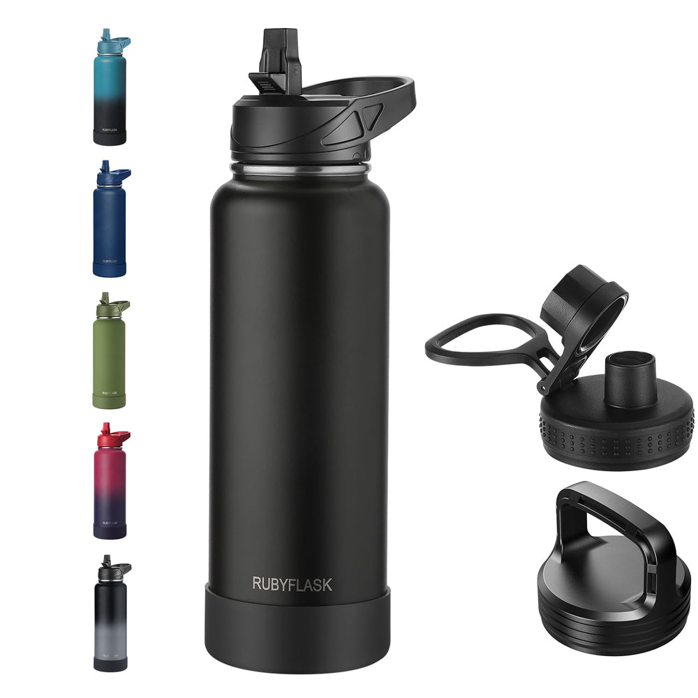 RUBYFLASK 32oz Insulated Water Bottle with Straw, Stainless Steel Metal Vacuum Water Flask, Large Thermal Water bottle with Leakproof 3 Lids for Travel, Camping, Gym Sports Indigo Black