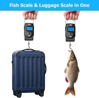 Dr.meter Fish Scale Luggage Scale Fishing Gear - 110lb Backlit LCD Display Digital Scale with Built-in Measuring Tape - Fishing Scale with 2 AAA Batteries, Pocket Size - Fishing Gifts for Men