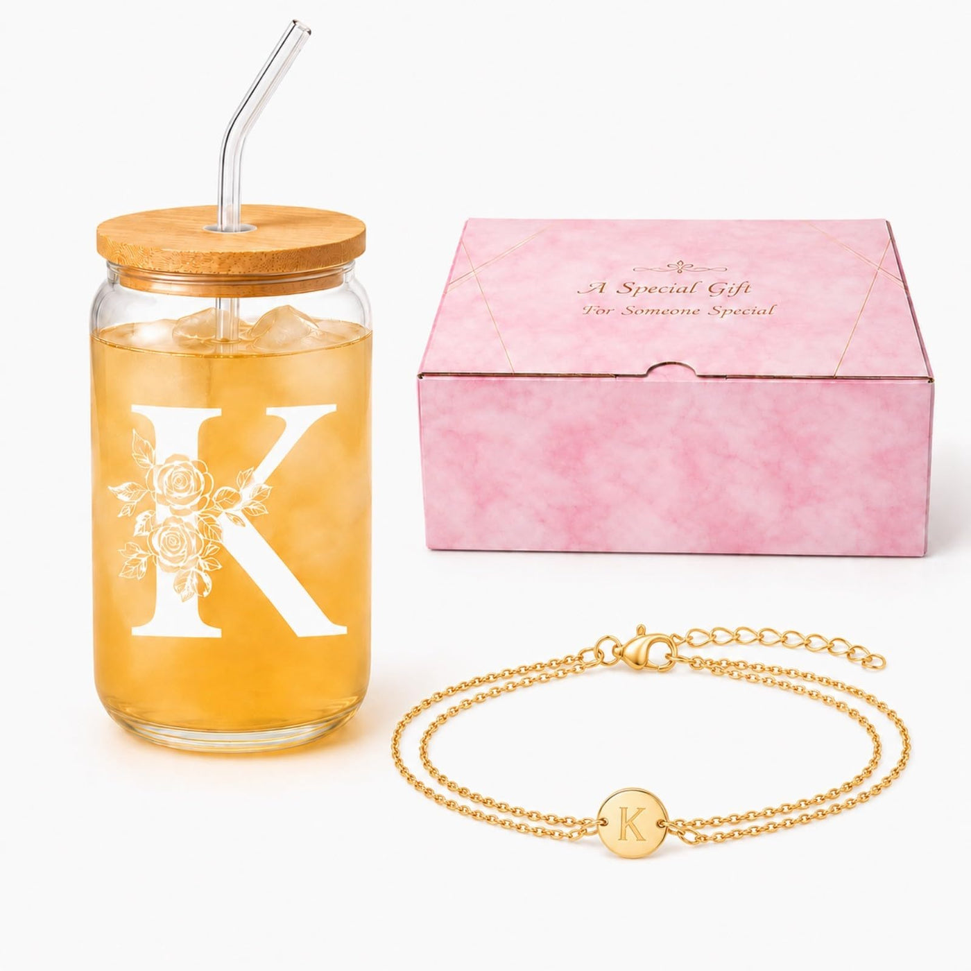 Sister Gifts for Women, Initial Glass Cup and Bracelet Gift Set, Personalized Ready to Gift Letter Keepsake for Birthday, Thank You and Just Because