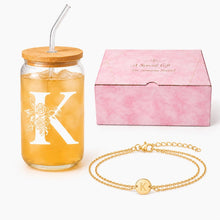 Sister Gifts for Women, Initial Glass Cup and Bracelet Gift Set, Personalized Ready to Gift Letter Keepsake for Birthday, Thank You and Just Because