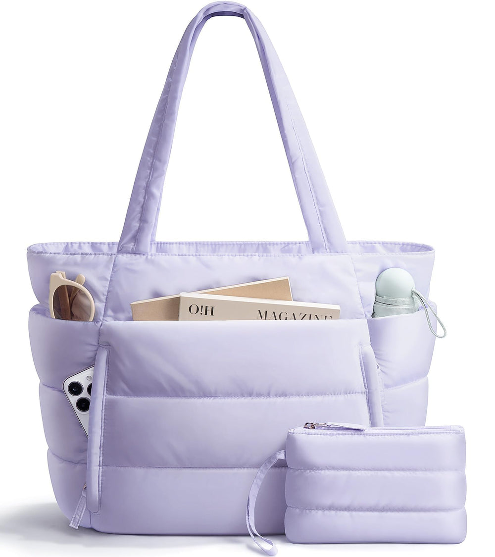 Bagstellar Puffer Tote Bag for Women, Lightweight Puffy Work Handbag Teacher Nurse Quilted Shoulder Bag for School Travel Gym | Cloud Bag w/ Zipper
