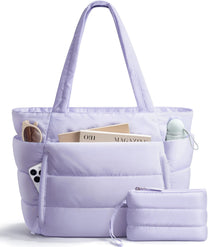 Bagstellar Puffer Tote Bag for Women, Lightweight Puffy Work Handbag Teacher Nurse Quilted Shoulder Bag for School Travel Gym | Cloud Bag w/ Zipper
