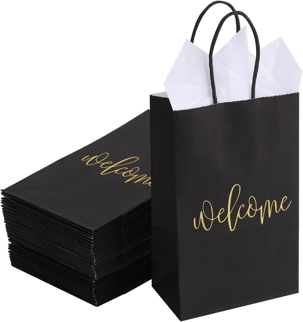 50 Pack Small Welcome Gift Bags 9x5.5x3.15 Inch with 50 Sheets White Tissue Paper for Wedding Hotel Guests, Black Party Favor Bags with Handles for Engagements, Baby Showers, Birthday Goodies