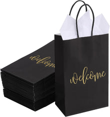 50 Pack Small Welcome Gift Bags 9x5.5x3.15 Inch with 50 Sheets White Tissue Paper for Wedding Hotel Guests, Black Party Favor Bags with Handles for Engagements, Baby Showers, Birthday Goodies