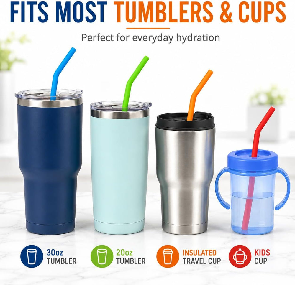 Reusable Silicone Straws for Tumblers, Smoothies & Kids Drinks – 15 Pack Flexible BPA-Free Drinking Straws with 2 Cleaning Brushes – Soft on Teeth & Lips – Fits 20oz & 30oz Tumblers