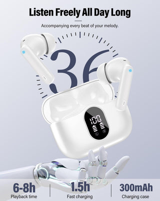 Wireless Earbuds, Bluetooth 5.4 Headphones Bass Stereo, Ear Buds with Noise Cancelling Mic, LED Display in Ear Earphones Clear Calls, IP7 Waterproof Bluetooth Earbuds for Phones/Sports/Laptop, White