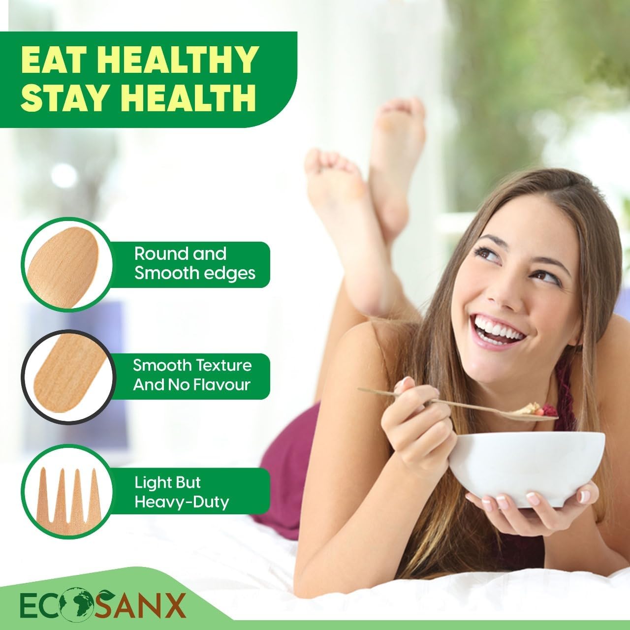 ECOSANX® 120 PCs Disposable Wooden Cutlery set 6.3" Splinter Free Compostable Utensils for party, Eco-Friendly, 100% All-Natural Bamboo Utensils set for picnic, Bamboo cutlery set for Events & More