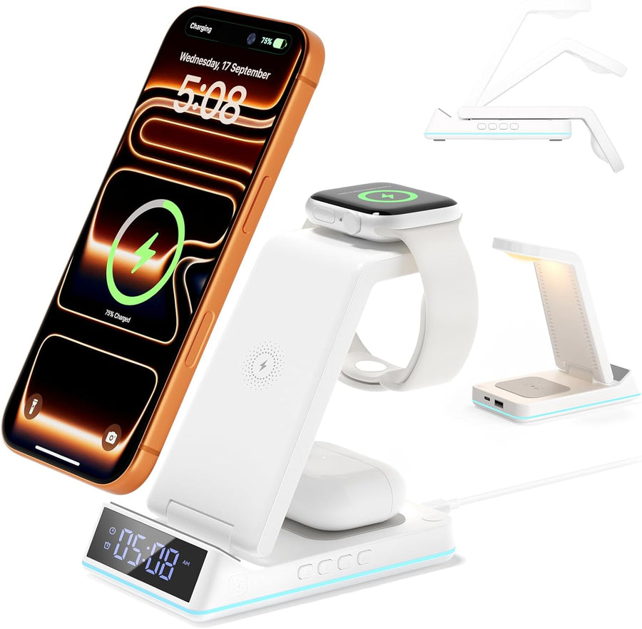 2026 Upgraded Wireless Charging Station, 7 in 1 Wireless Charger Station Foldable Charger Stand with Night Light/Alarm Clock for iPhone 17-12 Pro Max Plus, Apple Watch, AirPods Gifts for Fathers Day