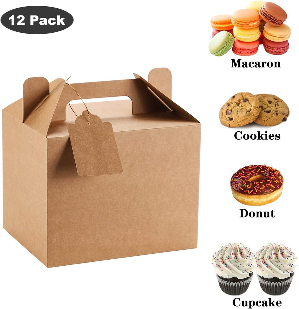 12 Pack Brown Treat Boxes, Kraft Paper Party Favor Boxes Gable Boxes Gift Boxes for Kids' Birthday Party, Wedding, Baby Shower, with Tag 7 x 5.5 x 5.5 Inches