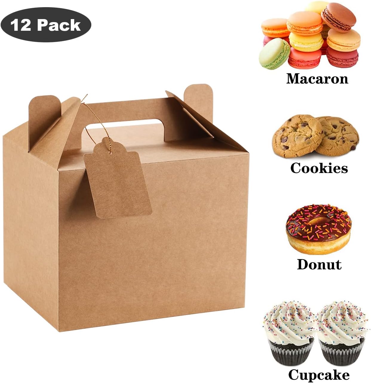 12 Pack Brown Treat Boxes, Kraft Paper Party Favor Boxes Gable Boxes Gift Boxes for Kids' Birthday Party, Wedding, Baby Shower, with Tag 7 x 5.5 x 5.5 Inches