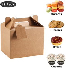 12 Pack Brown Treat Boxes, Kraft Paper Party Favor Boxes Gable Boxes Gift Boxes for Kids' Birthday Party, Wedding, Baby Shower, with Tag 7 x 5.5 x 5.5 Inches