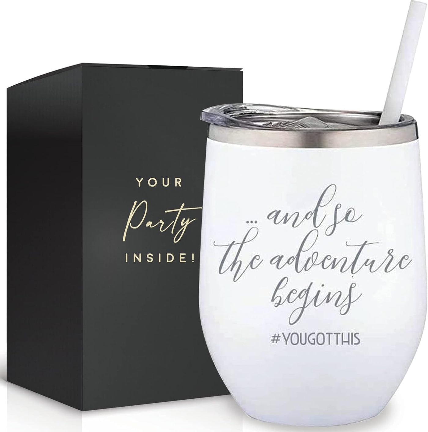 The Adventure Begins - Congratulations Gifts For Women, Going Away Gifts for Friends Moving, or Welcome To the Team- Perfect New Beginnings Gift - 12oz Stainless Steel Glass with Straw and Lid