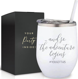 The Adventure Begins - Congratulations Gifts For Women, Going Away Gifts for Friends Moving, or Welcome To the Team- Perfect New Beginnings Gift - 12oz Stainless Steel Glass with Straw and Lid