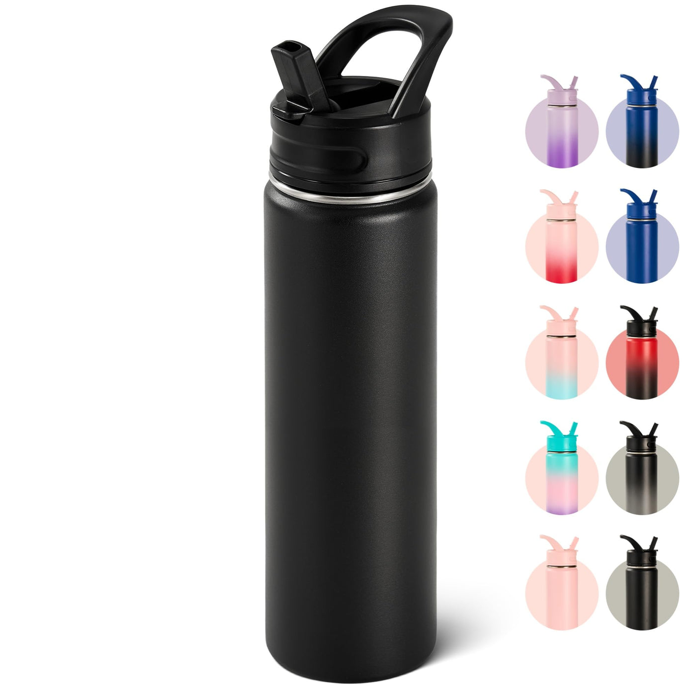 Fijinhom 18oz Insulated Stainless Steel Water Bottle with Straws, Double Wall Vacuum Insulated Bottles, Metal Thermo for Travel, Sports, Leak-Proof, BPA Free, Women & Men, Black